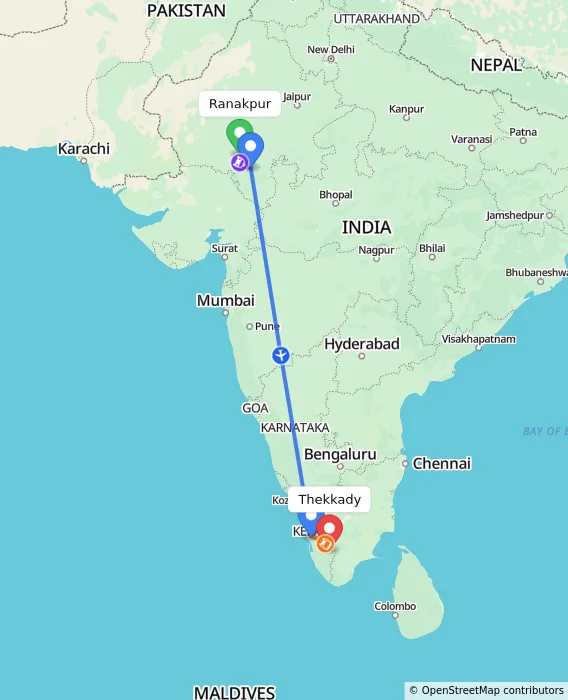 Route map showing distance and travel time from Ranakpur, India to Thekkady, India