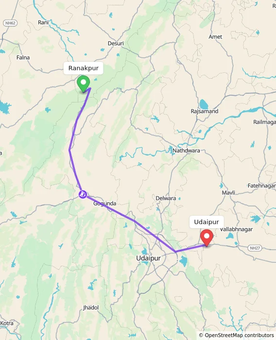 Route map showing distance and travel time from Ranakpur, India to Udaipur, India