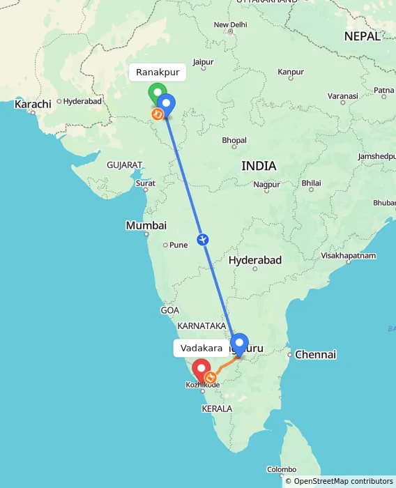 Route map showing distance and travel time from Ranakpur, India to Vadakara, India