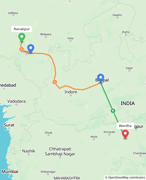 Route map showing distance and travel time from Ranakpur, India to Wardha, India