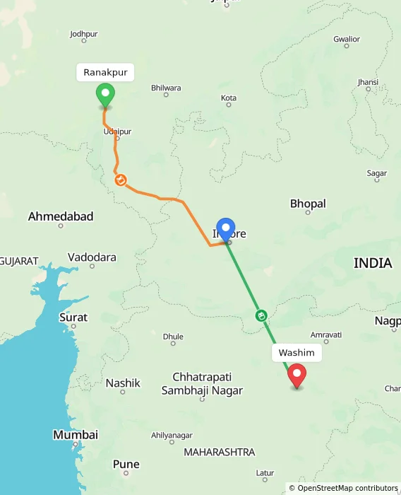 Route map showing distance and travel time from Ranakpur, India to Washim, India