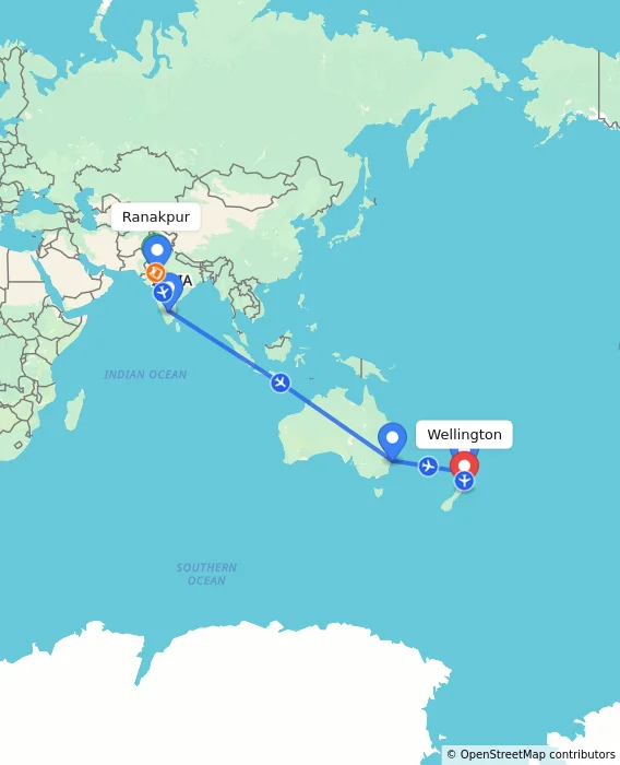 Route map showing distance and travel time from Ranakpur, India to Wellington, New Zealand