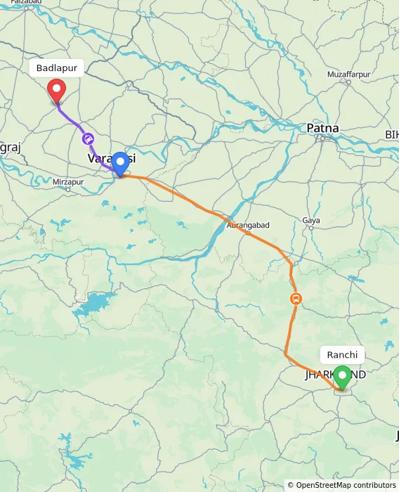 Route map showing distance and travel time from Ranchi, India to Badlapur, India