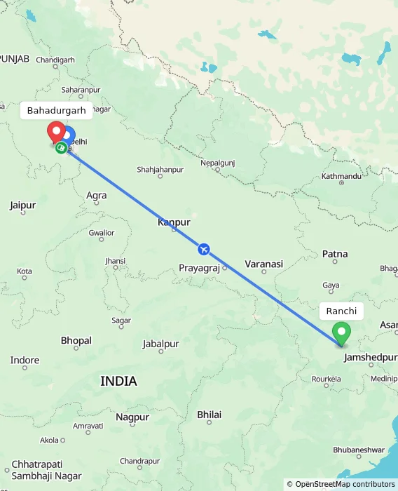 Route map showing distance and travel time from Ranchi, India to Bahadurgarh, India