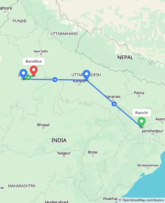 Route map showing distance and travel time from Ranchi, India to Bandikui, India