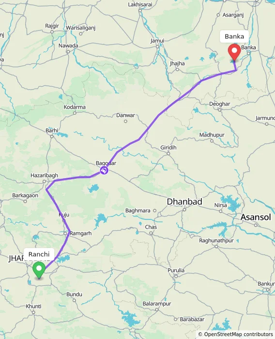 Route map showing distance and travel time from Ranchi, India to Banka, India