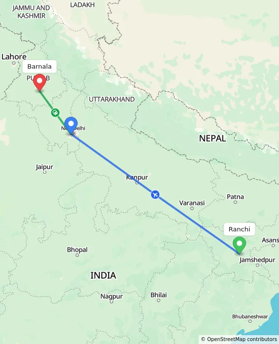 Route map showing distance and travel time from Ranchi, India to Barnala, India