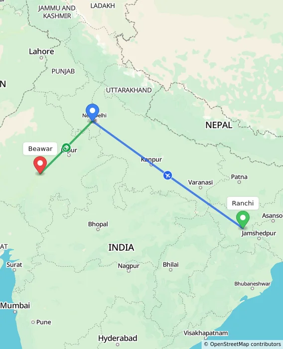 Route map showing distance and travel time from Ranchi, India to Beawar, India