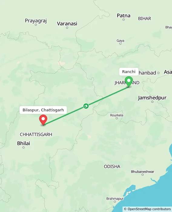 Route map showing distance and travel time from Ranchi, India to Bilaspur, Chattisgarh, India