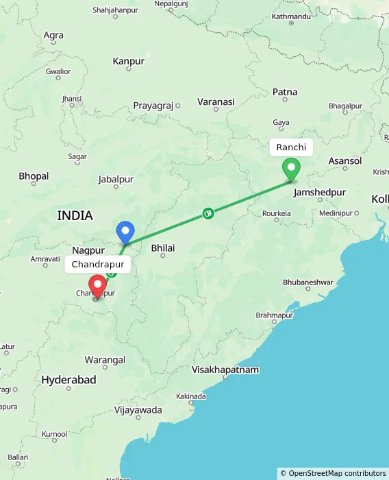 Route map showing distance and travel time from Ranchi, India to Chandrapur, India