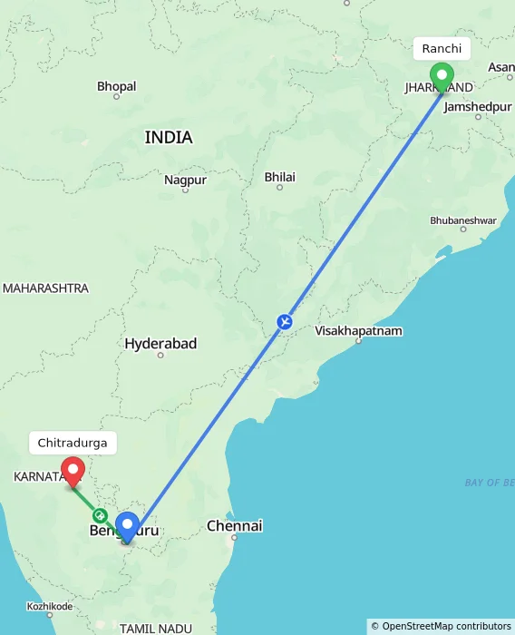 Route map showing distance and travel time from Ranchi, India to Chitradurga, India
