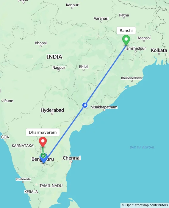 Route map showing distance and travel time from Ranchi, India to Dharmavaram, India