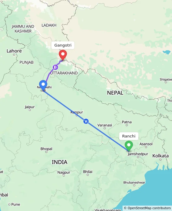 Route map showing distance and travel time from Ranchi, India to Gangotri, India