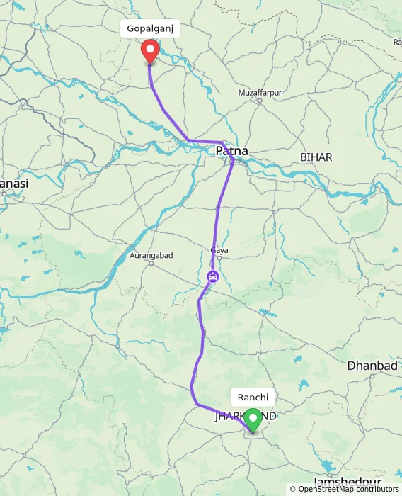 Route map showing distance and travel time from Ranchi, India to Gopalganj, India