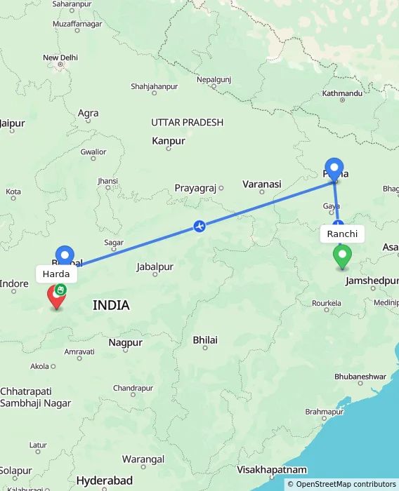 Route map showing distance and travel time from Ranchi, India to Harda, India