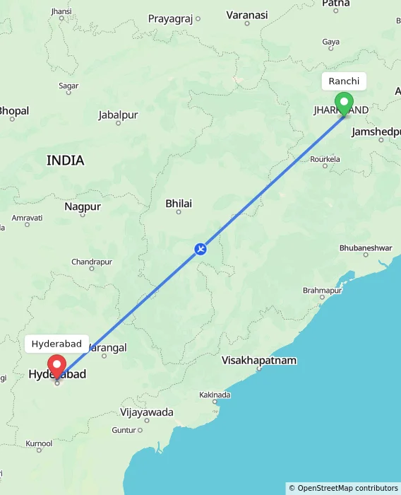 Route map showing distance and travel time from Ranchi, India to Hyderabad, India