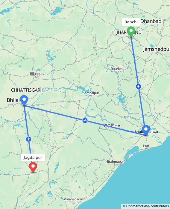 Route map showing distance and travel time from Ranchi, India to Jagdalpur, India