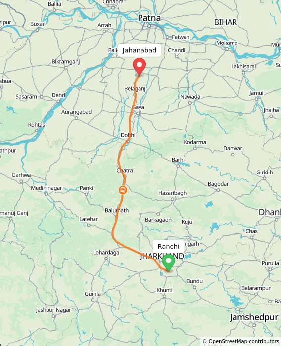 Route map showing distance and travel time from Ranchi, India to Jahanabad, India