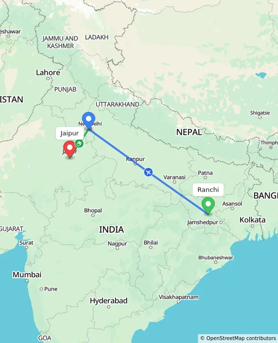 Route map showing distance and travel time from Ranchi, India to Jaipur, India