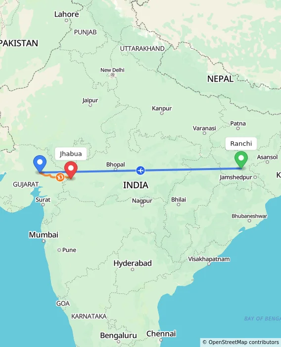 Route map showing distance and travel time from Ranchi, India to Jhabua, India