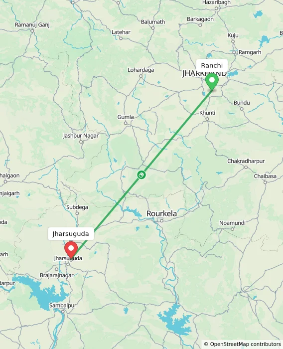 Route map showing distance and travel time from Ranchi, India to Jharsuguda, India