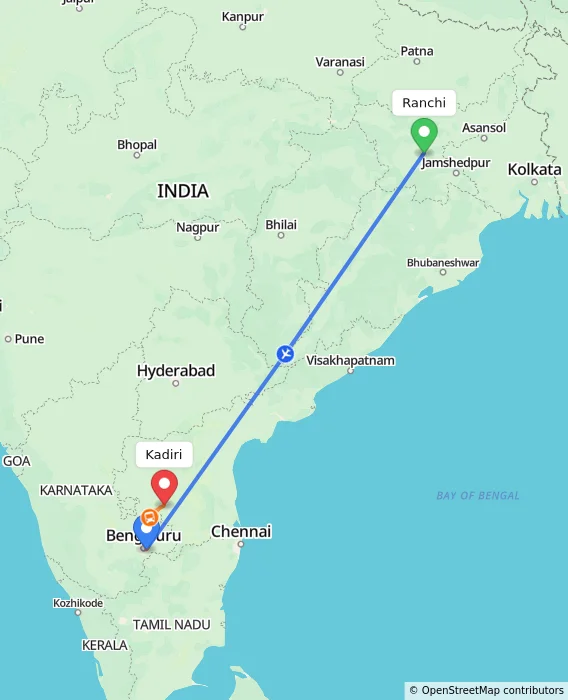 Route map showing distance and travel time from Ranchi, India to Kadiri, India