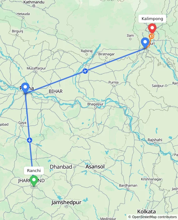 Route map showing distance and travel time from Ranchi, India to Kalimpong, India