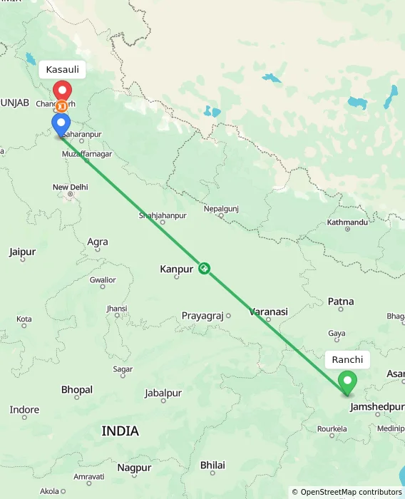 Route map showing distance and travel time from Ranchi, India to Kasauli, India