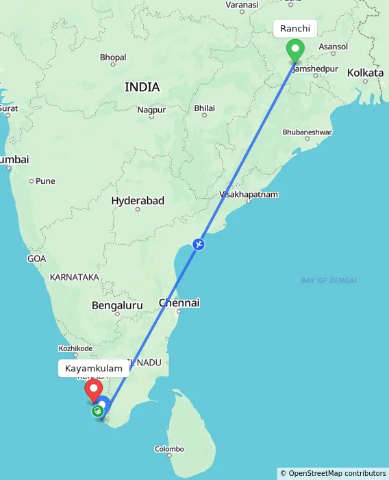 Route map showing distance and travel time from Ranchi, India to Kayamkulam, India