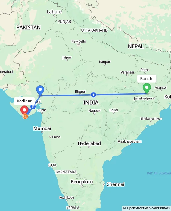 Route map showing distance and travel time from Ranchi, India to Kodinar, India