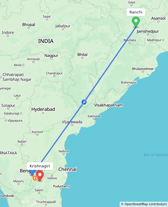 Route map showing distance and travel time from Ranchi, India to Krishnagiri, India