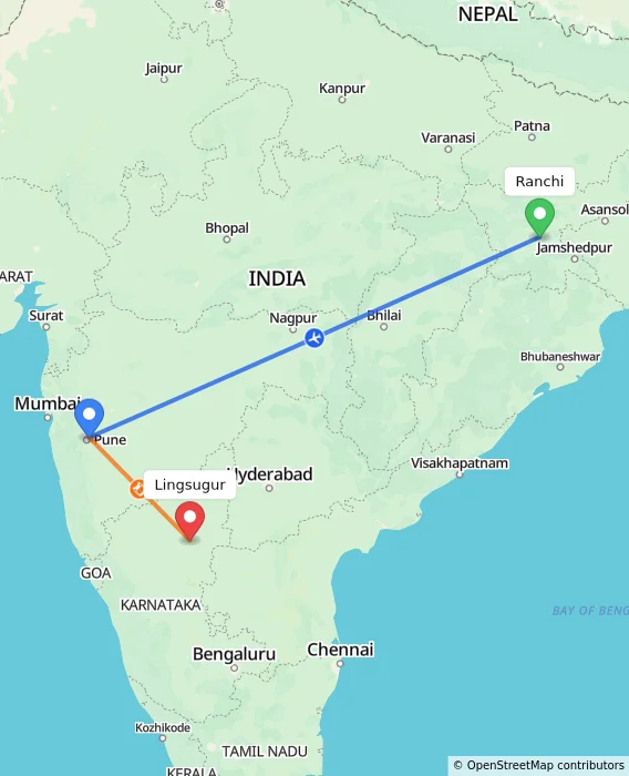 Route map showing distance and travel time from Ranchi, India to Lingsugur, India