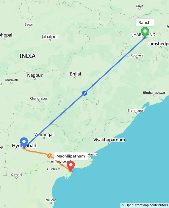 Route map showing distance and travel time from Ranchi, India to Machilipatnam, India