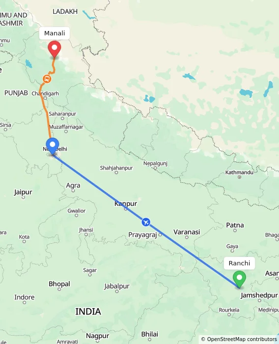 Route map showing distance and travel time from Ranchi, India to Manali, India