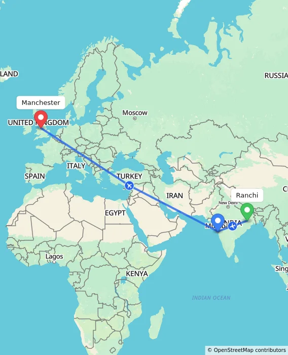 Route map showing distance and travel time from Ranchi, India to Manchester, United Kingdom