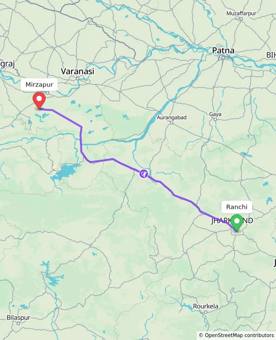 Route map showing distance and travel time from Ranchi, India to Mirzapur, India