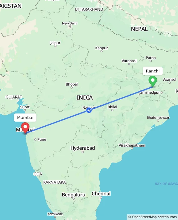Route map showing distance and travel time from Ranchi, India to Mumbai, India