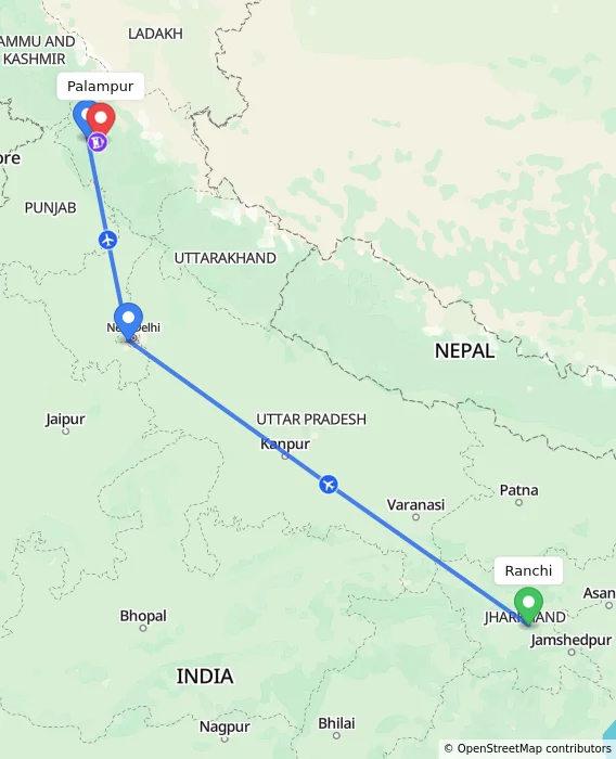 Route map showing distance and travel time from Ranchi, India to Palampur, India