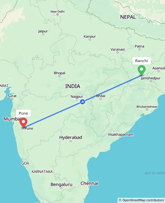 Route map showing distance and travel time from Ranchi, India to Pune, India