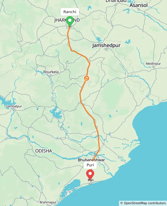 Route map showing distance and travel time from Ranchi, India to Puri, India