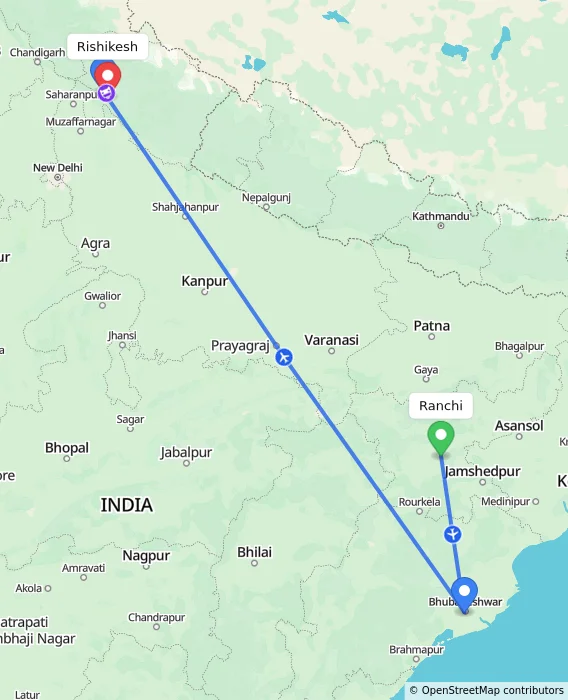 Route map showing distance and travel time from Ranchi, India to Rishikesh, India