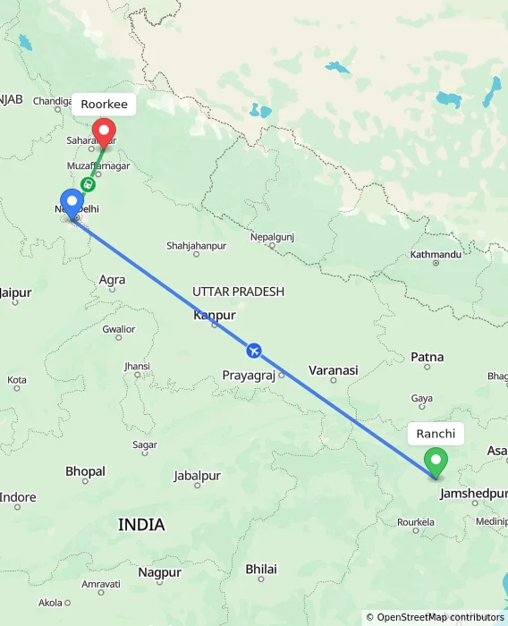 Route map showing distance and travel time from Ranchi, India to Roorkee, India