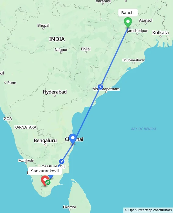 Route map showing distance and travel time from Ranchi, India to Sankarankovil, India