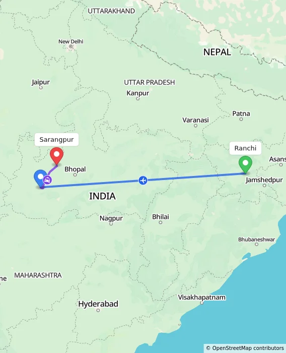 Route map showing distance and travel time from Ranchi, India to Sarangpur, India
