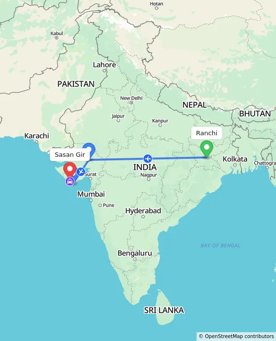 Route map showing distance and travel time from Ranchi, India to Sasan Gir, India