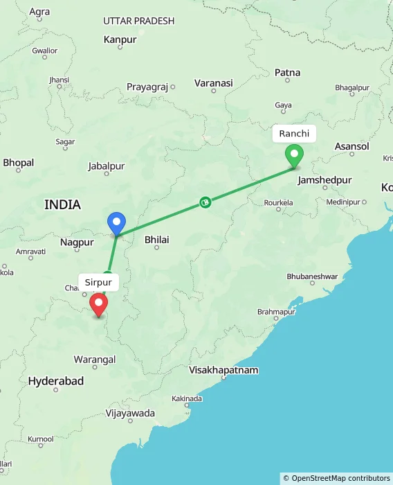 Route map showing distance and travel time from Ranchi, India to Sirpur, India