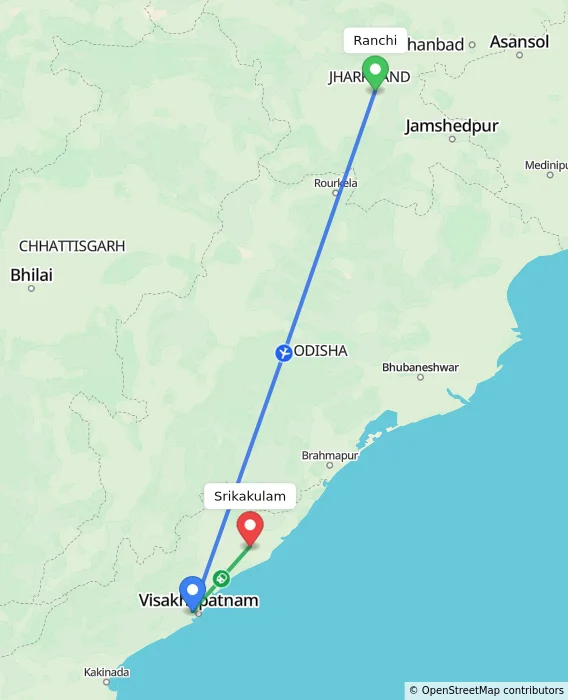 Route map showing distance and travel time from Ranchi, India to Srikakulam, India