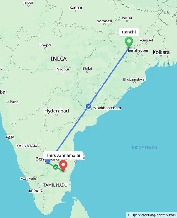 Route map showing distance and travel time from Ranchi, India to Thiruvannamalai, India