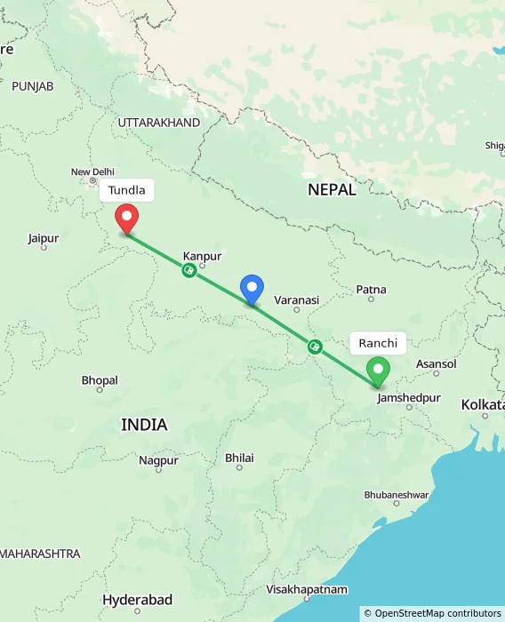 Route map showing distance and travel time from Ranchi, India to Tundla, India