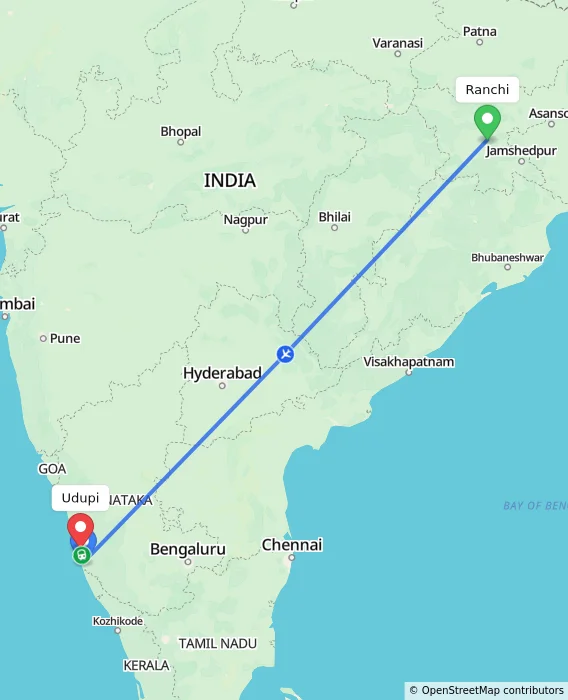 Route map showing distance and travel time from Ranchi, India to Udupi, India